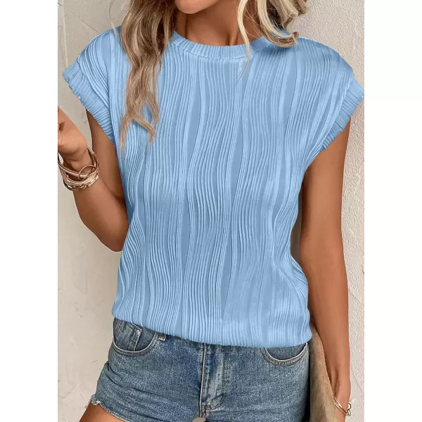 imagePRETTYGARDEN Womens Summer Going Out Tops Dressy Casual Crewneck Short Sleeve Textured Basic Cute Trendy T Shirts Tee BlouseLight Blue