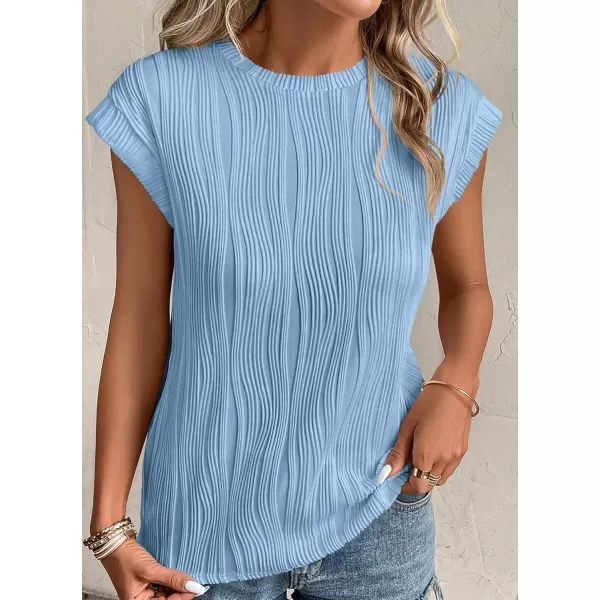 imagePRETTYGARDEN Womens Summer Going Out Tops Dressy Casual Crewneck Short Sleeve Textured Basic Cute Trendy T Shirts Tee BlouseLight Blue