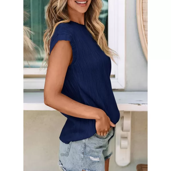 imagePRETTYGARDEN Womens Summer Going Out Tops Dressy Casual Crewneck Short Sleeve Textured Basic Cute Trendy T Shirts Tee BlouseNavy