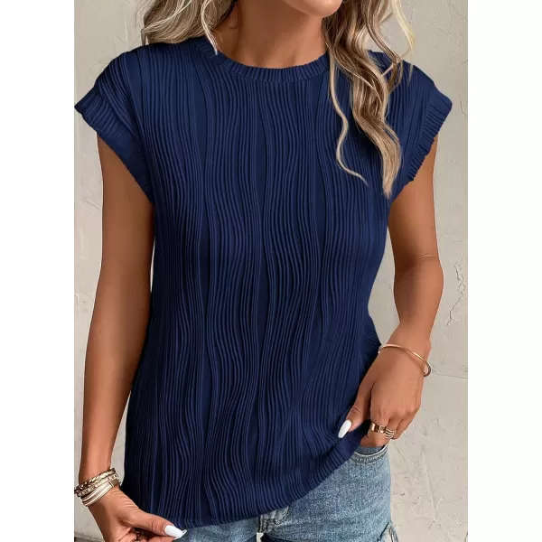 imagePRETTYGARDEN Womens Summer Going Out Tops Dressy Casual Crewneck Short Sleeve Textured Basic Cute Trendy T Shirts Tee BlouseNavy