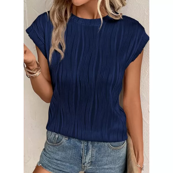 imagePRETTYGARDEN Womens Summer Going Out Tops Dressy Casual Crewneck Short Sleeve Textured Basic Cute Trendy T Shirts Tee BlouseNavy