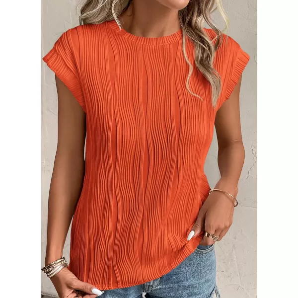 imagePRETTYGARDEN Womens Summer Going Out Tops Dressy Casual Crewneck Short Sleeve Textured Basic Cute Trendy T Shirts Tee BlouseOrange