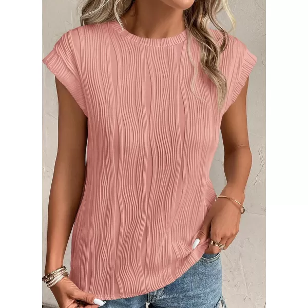 imagePRETTYGARDEN Womens Summer Going Out Tops Dressy Casual Crewneck Short Sleeve Textured Basic Cute Trendy T Shirts Tee BlousePink