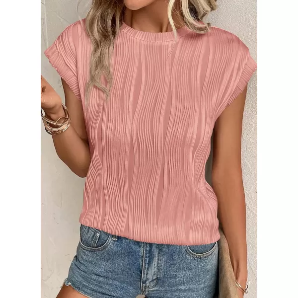 imagePRETTYGARDEN Womens Summer Going Out Tops Dressy Casual Crewneck Short Sleeve Textured Basic Cute Trendy T Shirts Tee BlousePink
