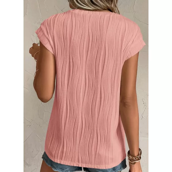 imagePRETTYGARDEN Womens Summer Going Out Tops Dressy Casual Crewneck Short Sleeve Textured Basic Cute Trendy T Shirts Tee BlousePink