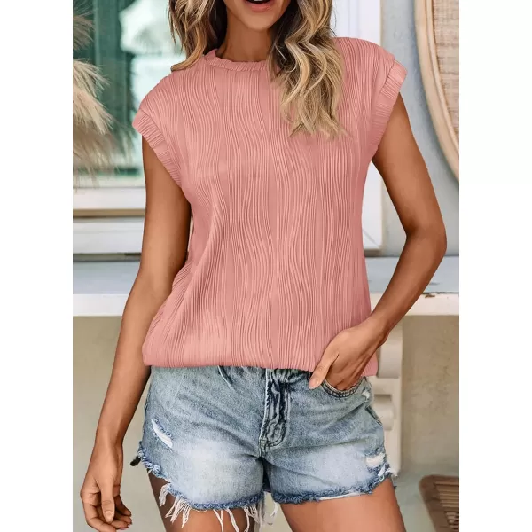 imagePRETTYGARDEN Womens Summer Going Out Tops Dressy Casual Crewneck Short Sleeve Textured Basic Cute Trendy T Shirts Tee BlousePink