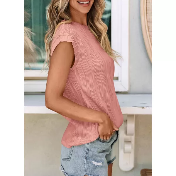 imagePRETTYGARDEN Womens Summer Going Out Tops Dressy Casual Crewneck Short Sleeve Textured Basic Cute Trendy T Shirts Tee BlousePink