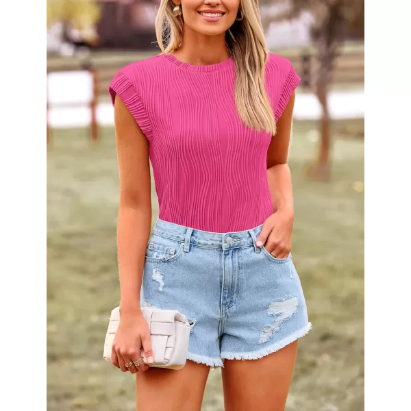 imagePRETTYGARDEN Womens Summer Going Out Tops Dressy Casual Crewneck Short Sleeve Textured Basic Cute Trendy T Shirts Tee BlouseRose Red