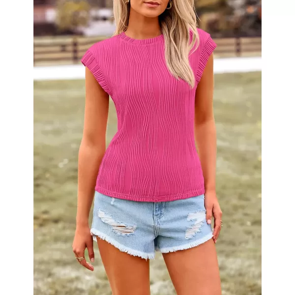 imagePRETTYGARDEN Womens Summer Going Out Tops Dressy Casual Crewneck Short Sleeve Textured Basic Cute Trendy T Shirts Tee BlouseRose Red