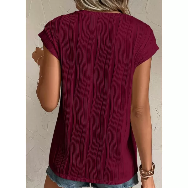imagePRETTYGARDEN Womens Summer Going Out Tops Dressy Casual Crewneck Short Sleeve Textured Basic Cute Trendy T Shirts Tee BlouseWine Red