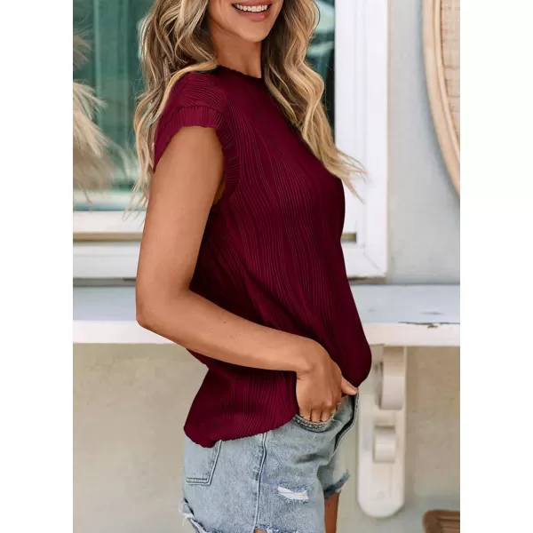 imagePRETTYGARDEN Womens Summer Going Out Tops Dressy Casual Crewneck Short Sleeve Textured Basic Cute Trendy T Shirts Tee BlouseWine Red