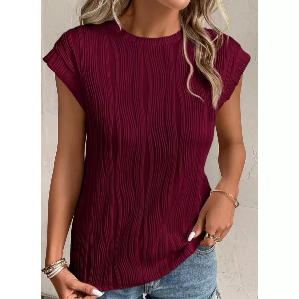 imagePRETTYGARDEN Womens Summer Going Out Tops Dressy Casual Crewneck Short Sleeve Textured Basic Cute Trendy T Shirts Tee BlouseWine Red