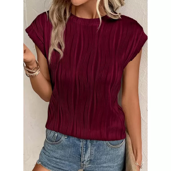 imagePRETTYGARDEN Womens Summer Going Out Tops Dressy Casual Crewneck Short Sleeve Textured Basic Cute Trendy T Shirts Tee BlouseWine Red