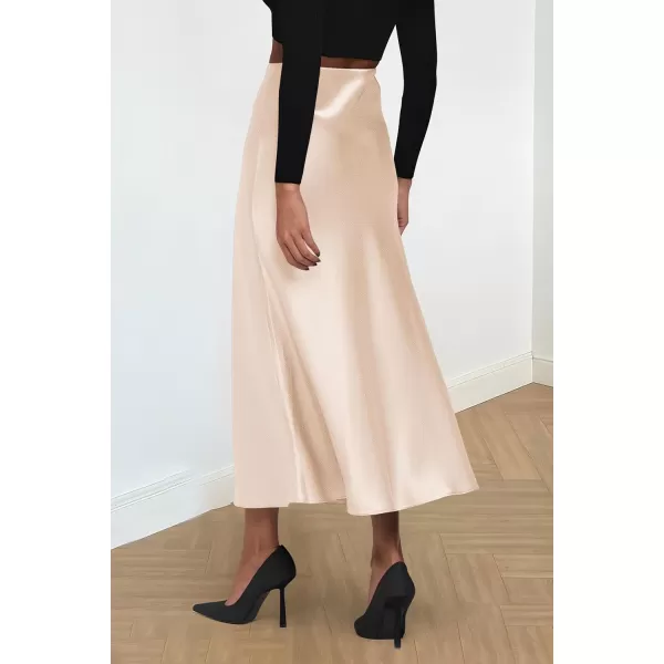 imagePRETTYGARDEN Womens Summer Midi Satin Skirt Dressy Casual High Waisted A Line Flowy Ruffle Elegant Party SkirtsBeige