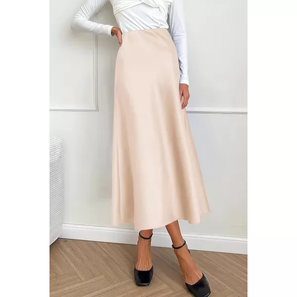 imagePRETTYGARDEN Womens Summer Midi Satin Skirt Dressy Casual High Waisted A Line Flowy Ruffle Elegant Party SkirtsBeige