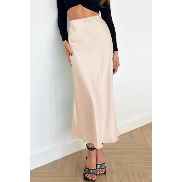 imagePRETTYGARDEN Womens Summer Midi Satin Skirt Dressy Casual High Waisted A Line Flowy Ruffle Elegant Party SkirtsBeige