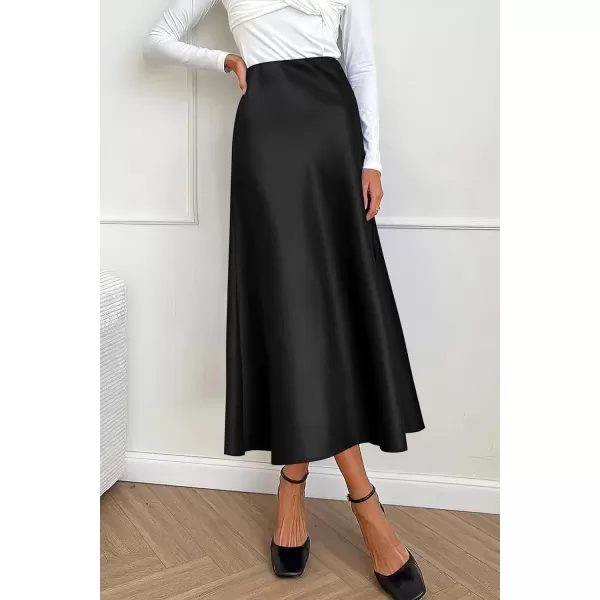 imagePRETTYGARDEN Womens Summer Midi Satin Skirt Dressy Casual High Waisted A Line Flowy Ruffle Elegant Party SkirtsBlack
