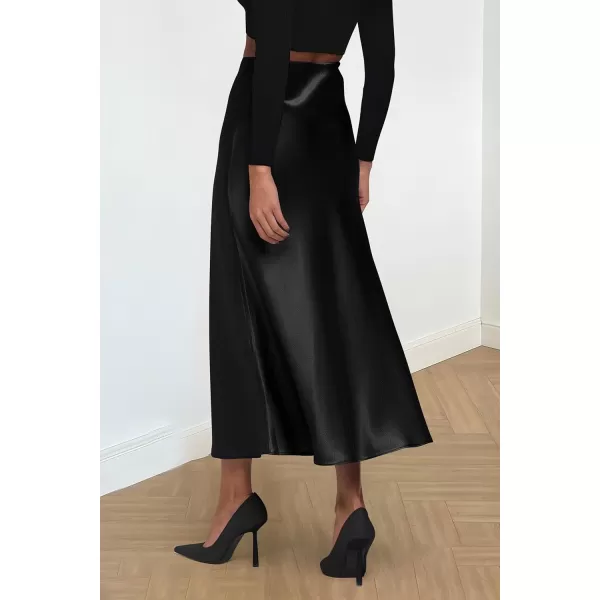 imagePRETTYGARDEN Womens Summer Midi Satin Skirt Dressy Casual High Waisted A Line Flowy Ruffle Elegant Party SkirtsBlack