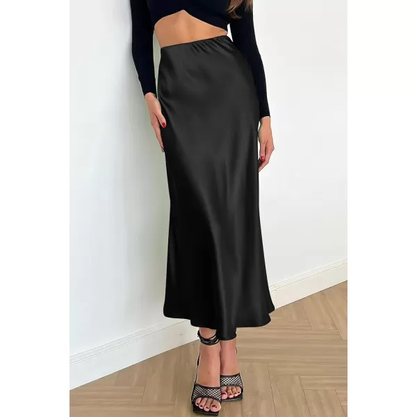 imagePRETTYGARDEN Womens Summer Midi Satin Skirt Dressy Casual High Waisted A Line Flowy Ruffle Elegant Party SkirtsBlack