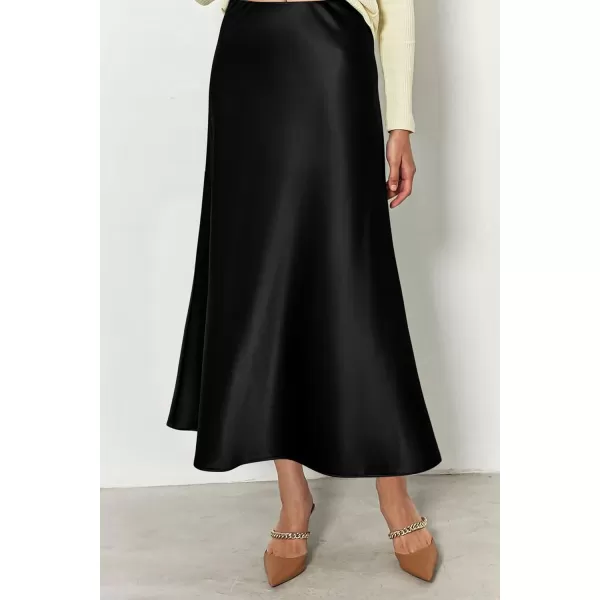 imagePRETTYGARDEN Womens Summer Midi Satin Skirt Dressy Casual High Waisted A Line Flowy Ruffle Elegant Party SkirtsBlack