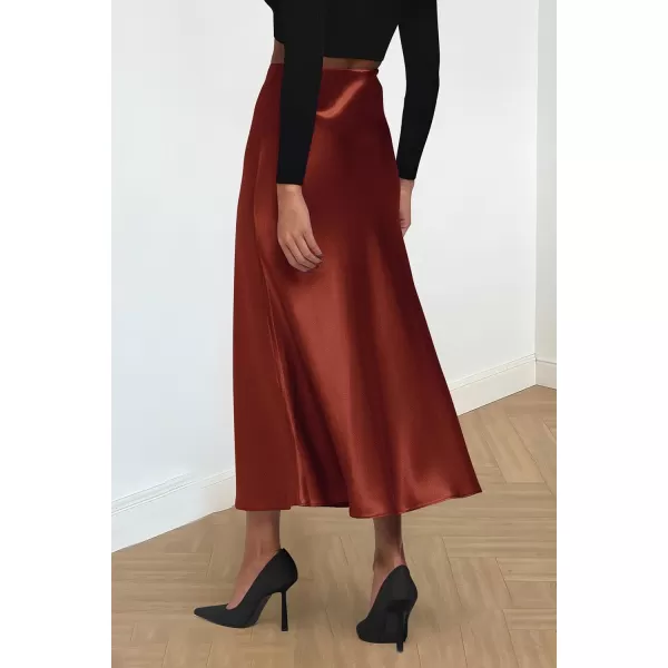 imagePRETTYGARDEN Womens Summer Midi Satin Skirt Dressy Casual High Waisted A Line Flowy Ruffle Elegant Party SkirtsBrown