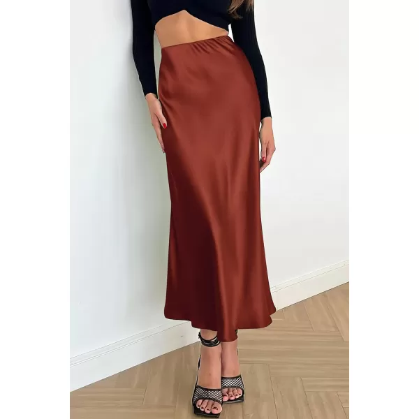 imagePRETTYGARDEN Womens Summer Midi Satin Skirt Dressy Casual High Waisted A Line Flowy Ruffle Elegant Party SkirtsBrown