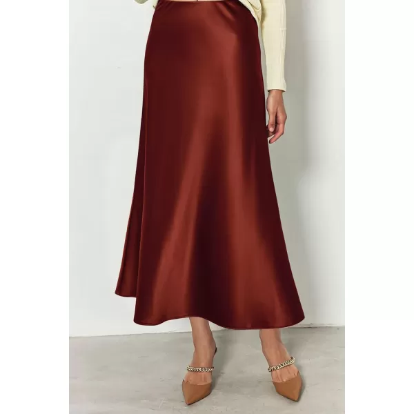 imagePRETTYGARDEN Womens Summer Midi Satin Skirt Dressy Casual High Waisted A Line Flowy Ruffle Elegant Party SkirtsBrown