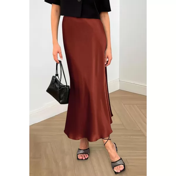 imagePRETTYGARDEN Womens Summer Midi Satin Skirt Dressy Casual High Waisted A Line Flowy Ruffle Elegant Party SkirtsBrown