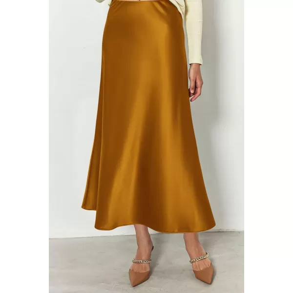 imagePRETTYGARDEN Womens Summer Midi Satin Skirt Dressy Casual High Waisted A Line Flowy Ruffle Elegant Party SkirtsBrown Yellow