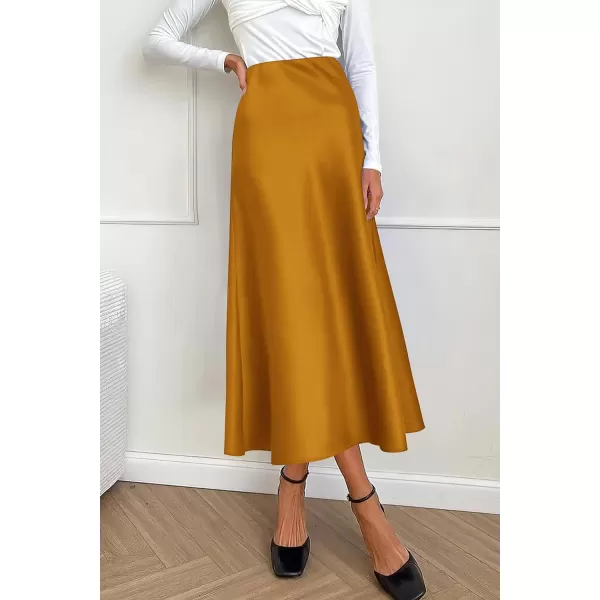 imagePRETTYGARDEN Womens Summer Midi Satin Skirt Dressy Casual High Waisted A Line Flowy Ruffle Elegant Party SkirtsBrown Yellow