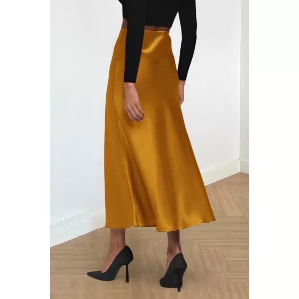 imagePRETTYGARDEN Womens Summer Midi Satin Skirt Dressy Casual High Waisted A Line Flowy Ruffle Elegant Party SkirtsBrown Yellow