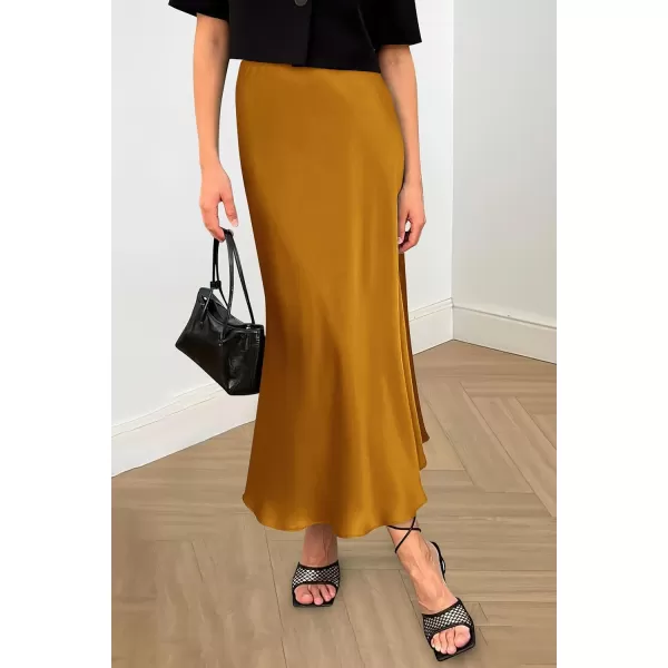 imagePRETTYGARDEN Womens Summer Midi Satin Skirt Dressy Casual High Waisted A Line Flowy Ruffle Elegant Party SkirtsBrown Yellow