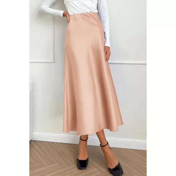 imagePRETTYGARDEN Womens Summer Midi Satin Skirt Dressy Casual High Waisted A Line Flowy Ruffle Elegant Party SkirtsChampagne