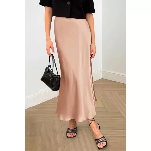 imagePRETTYGARDEN Womens Summer Midi Satin Skirt Dressy Casual High Waisted A Line Flowy Ruffle Elegant Party SkirtsChampagne