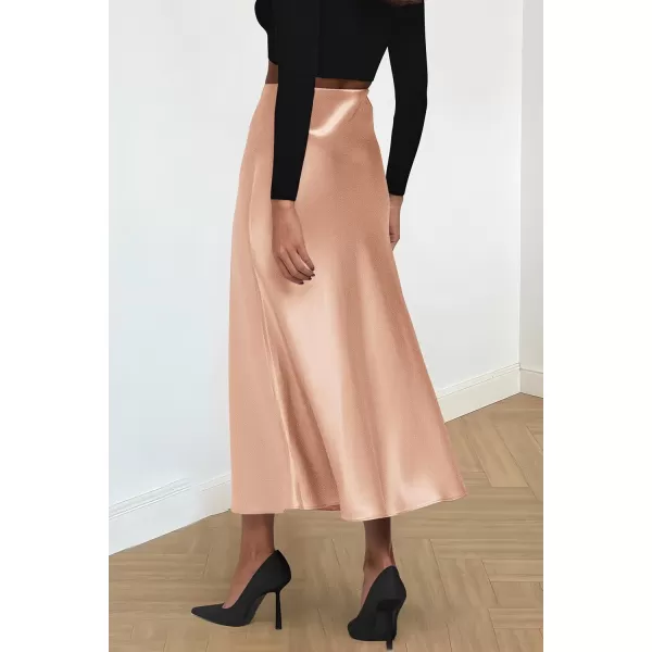 imagePRETTYGARDEN Womens Summer Midi Satin Skirt Dressy Casual High Waisted A Line Flowy Ruffle Elegant Party SkirtsChampagne