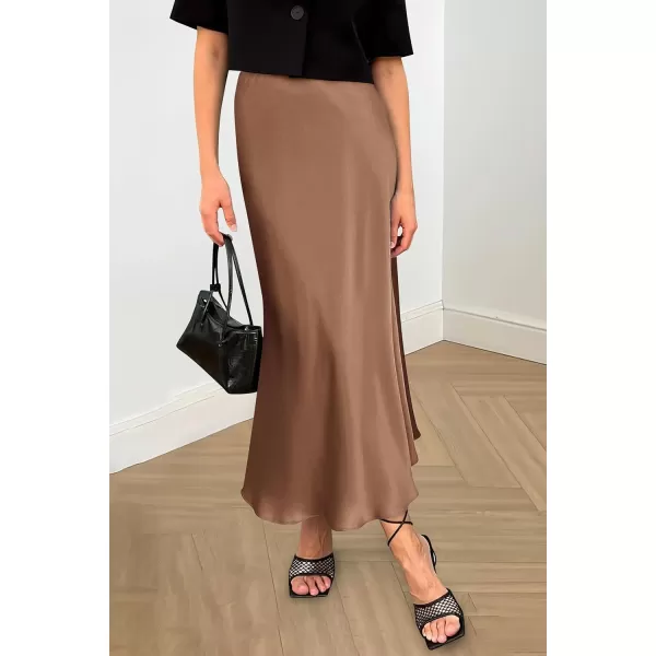 imagePRETTYGARDEN Womens Summer Midi Satin Skirt Dressy Casual High Waisted A Line Flowy Ruffle Elegant Party SkirtsCoffee