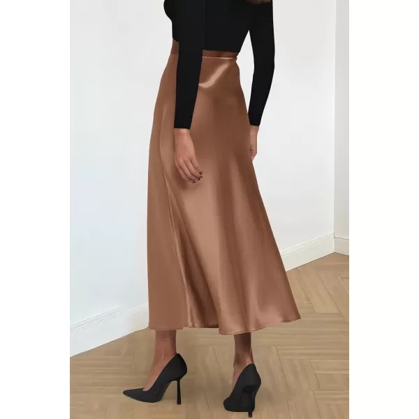 imagePRETTYGARDEN Womens Summer Midi Satin Skirt Dressy Casual High Waisted A Line Flowy Ruffle Elegant Party SkirtsCoffee