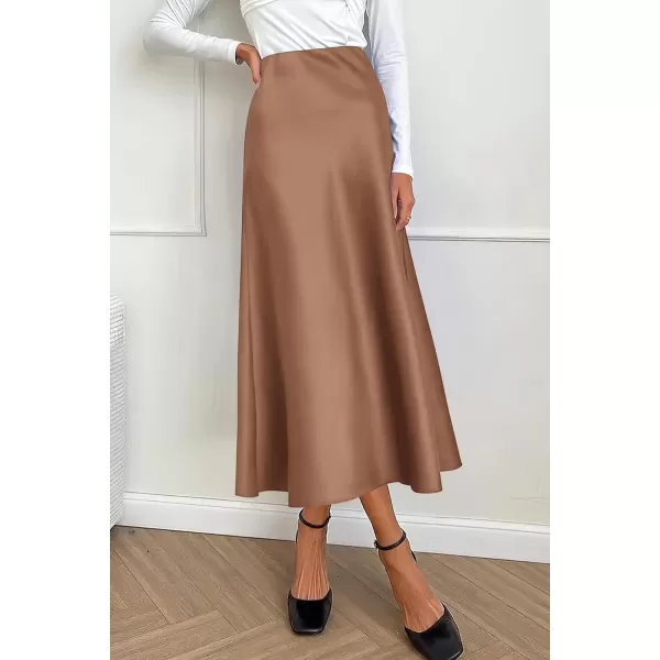 imagePRETTYGARDEN Womens Summer Midi Satin Skirt Dressy Casual High Waisted A Line Flowy Ruffle Elegant Party SkirtsCoffee
