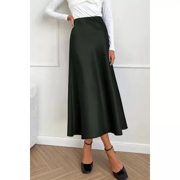 imagePRETTYGARDEN Womens Summer Midi Satin Skirt Dressy Casual High Waisted A Line Flowy Ruffle Elegant Party SkirtsDark Army Green