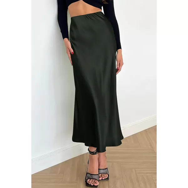 imagePRETTYGARDEN Womens Summer Midi Satin Skirt Dressy Casual High Waisted A Line Flowy Ruffle Elegant Party SkirtsDark Army Green