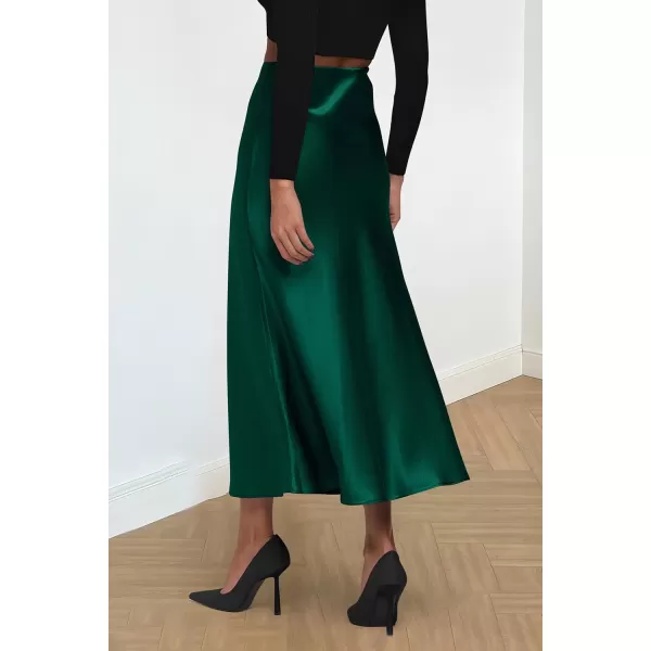 imagePRETTYGARDEN Womens Summer Midi Satin Skirt Dressy Casual High Waisted A Line Flowy Ruffle Elegant Party SkirtsDark Green