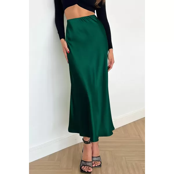 imagePRETTYGARDEN Womens Summer Midi Satin Skirt Dressy Casual High Waisted A Line Flowy Ruffle Elegant Party SkirtsDark Green