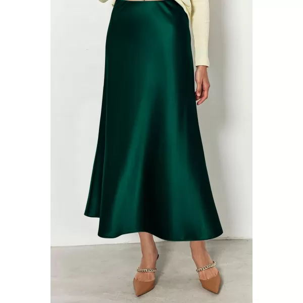 imagePRETTYGARDEN Womens Summer Midi Satin Skirt Dressy Casual High Waisted A Line Flowy Ruffle Elegant Party SkirtsDark Green