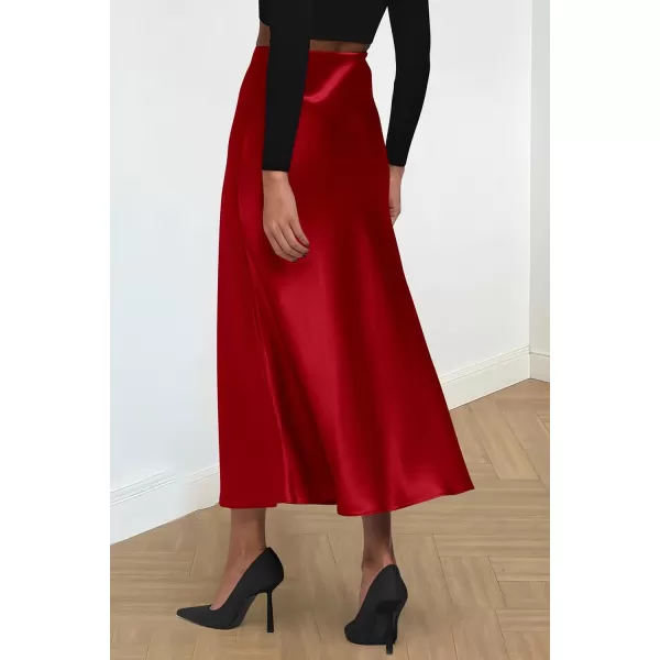 imagePRETTYGARDEN Womens Summer Midi Satin Skirt Dressy Casual High Waisted A Line Flowy Ruffle Elegant Party SkirtsDark Red