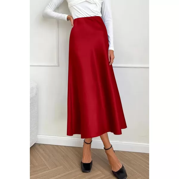 imagePRETTYGARDEN Womens Summer Midi Satin Skirt Dressy Casual High Waisted A Line Flowy Ruffle Elegant Party SkirtsDark Red