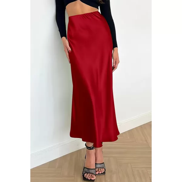 imagePRETTYGARDEN Womens Summer Midi Satin Skirt Dressy Casual High Waisted A Line Flowy Ruffle Elegant Party SkirtsDark Red