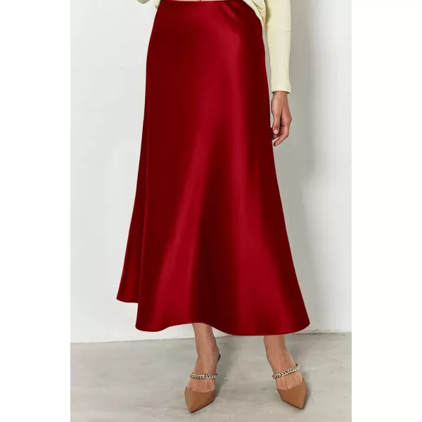 imagePRETTYGARDEN Womens Summer Midi Satin Skirt Dressy Casual High Waisted A Line Flowy Ruffle Elegant Party SkirtsDark Red