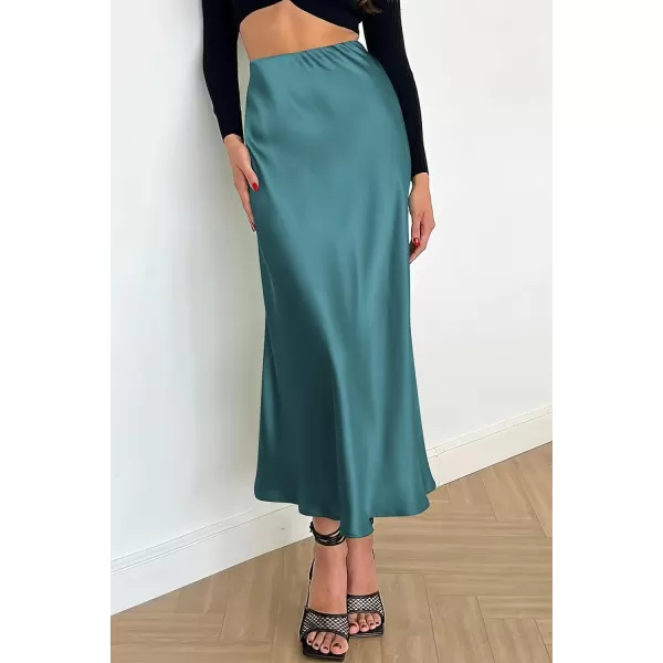 imagePRETTYGARDEN Womens Summer Midi Satin Skirt Dressy Casual High Waisted A Line Flowy Ruffle Elegant Party SkirtsLake Blue