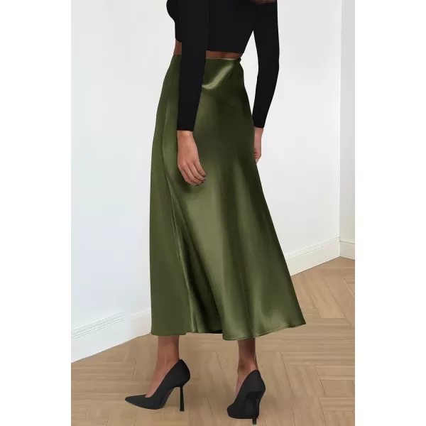 imagePRETTYGARDEN Womens Summer Midi Satin Skirt Dressy Casual High Waisted A Line Flowy Ruffle Elegant Party SkirtsLight Army Green