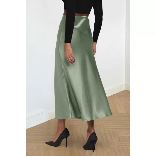 imagePRETTYGARDEN Womens Summer Midi Satin Skirt Dressy Casual High Waisted A Line Flowy Ruffle Elegant Party SkirtsLight Green
